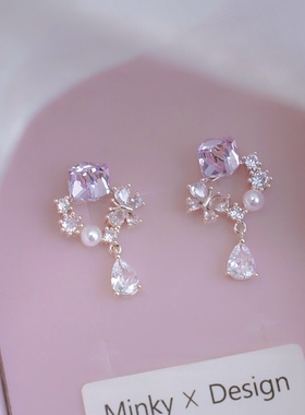 「miu系恋人」紫色流苏水滴耳饰蚊香盘耳夹无耳洞甜美耳环女耳钉