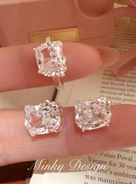 「银色kt」满钻银色kt猫咪精致戒指可调节轻奢女气质耳夹套装礼物