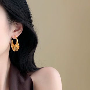 「浅滩暮影」金色圆片流苏耳坠蚊香盘耳夹无耳洞气质耳钉精致耳饰