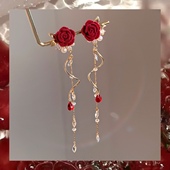 「玫瑰花语」复古红色玫瑰耳饰蚊香盘耳夹无耳洞耳钉耳环法式 精致