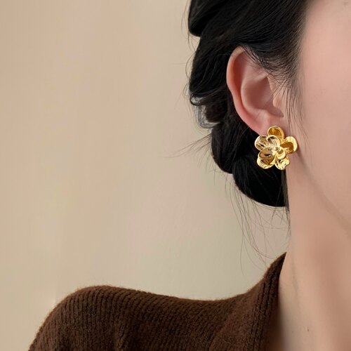 Minky「双生」金色复古花花耳饰蚊香盘耳夹耳钉精致耳环小众设计