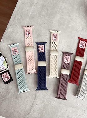 苹果Apple Watch11手表带适用S1098765432透气镂空针织KT猫磁吸扣