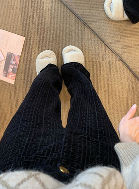 黑色植绒字母高腰阔腿裤女2025年新款高级感显瘦百搭直筒休闲裤子