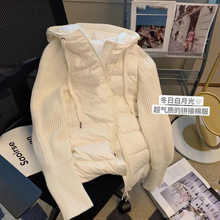 品牌白色针织拼接连帽棉服女秋冬新款小众设计感时尚保暖夹棉外套