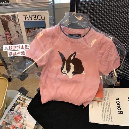 粉色可爱兔子短袖针织上衣