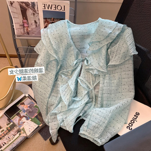 蓝色荷叶边V领雪纺衬衫 设计感小众别致洋气短上衣 女春夏2026新款