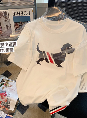 白色小狗图案短袖T恤女夏设计感小众2026新款宽松休闲中长款上衣