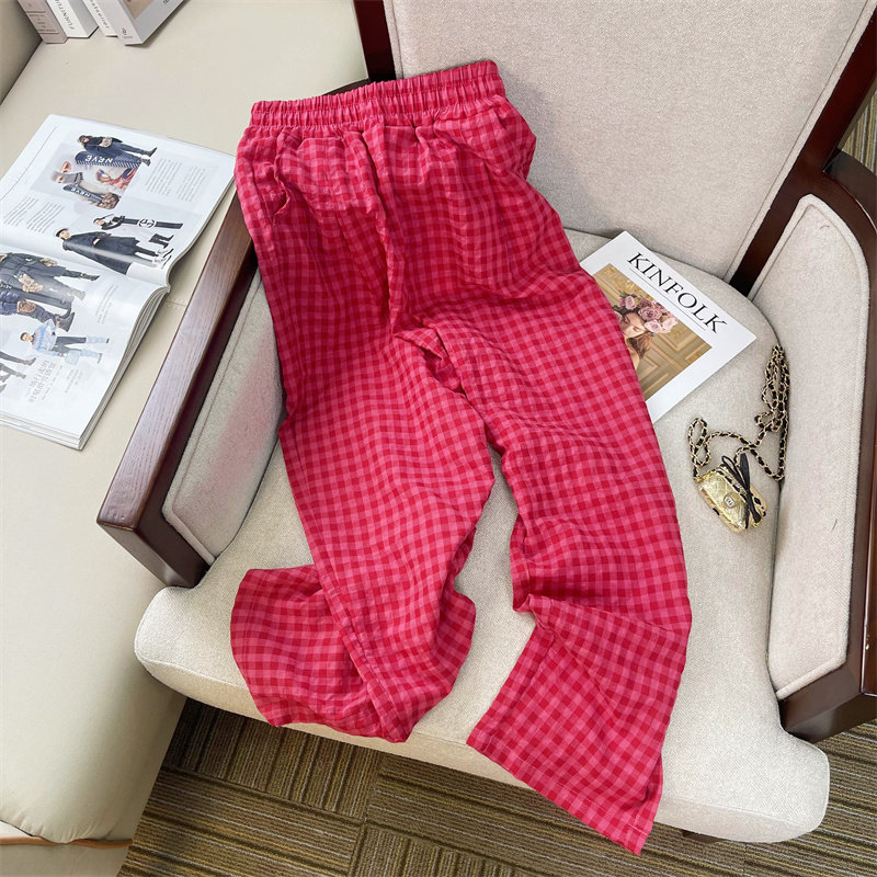 品牌2026夏季红棋盘格子裤女薄料阔腿裤女高腰宽松微喇松紧腰裤子