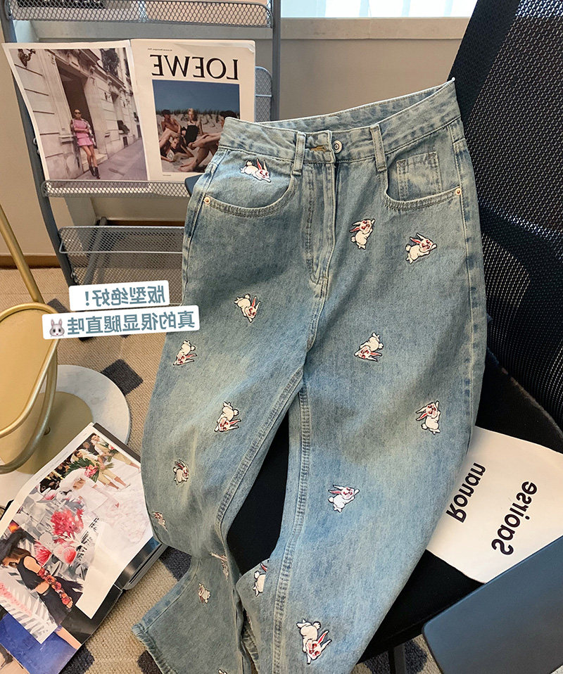 复古可爱兔子刺绣水洗牛仔裤女夏季2026新款直筒显瘦潮牌休闲裤子