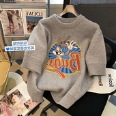 减龄洋气套头针织衫 新款 毛衣女宽松休闲2026夏季 灰色卡通印花短袖