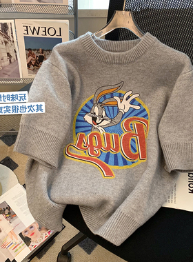 灰色卡通印花短袖毛衣女宽松休闲2025夏季新款减龄洋气套头针织衫