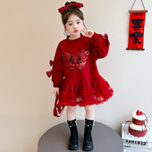 女童连衣裙蝴蝶儿童秋冬季 拜年服过年衣服新年红色女宝宝裙子冬装