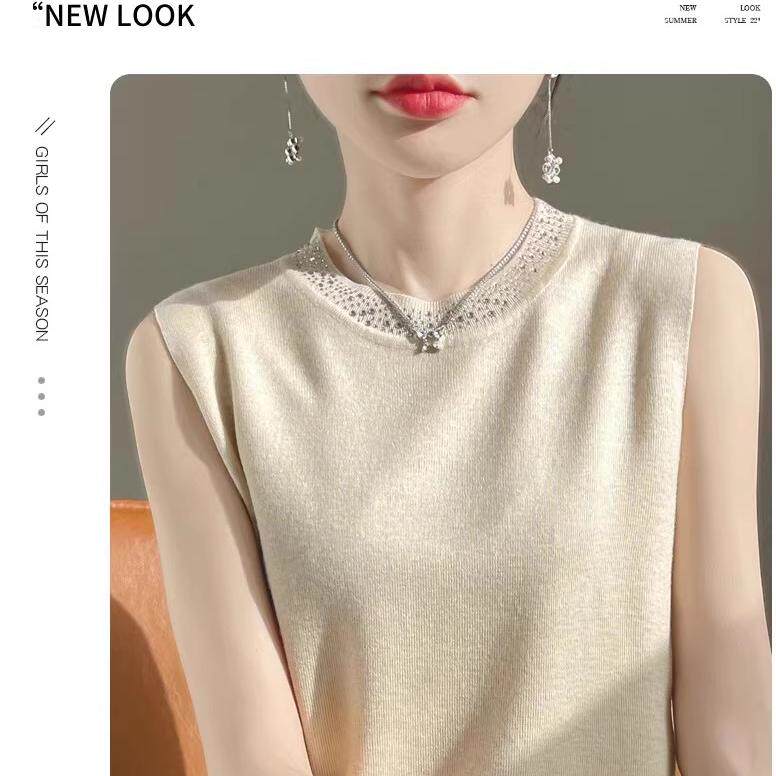 气质镶钻羊毛吊带女春季新款西装内搭圆领黑色背心无袖毛衣打底衫