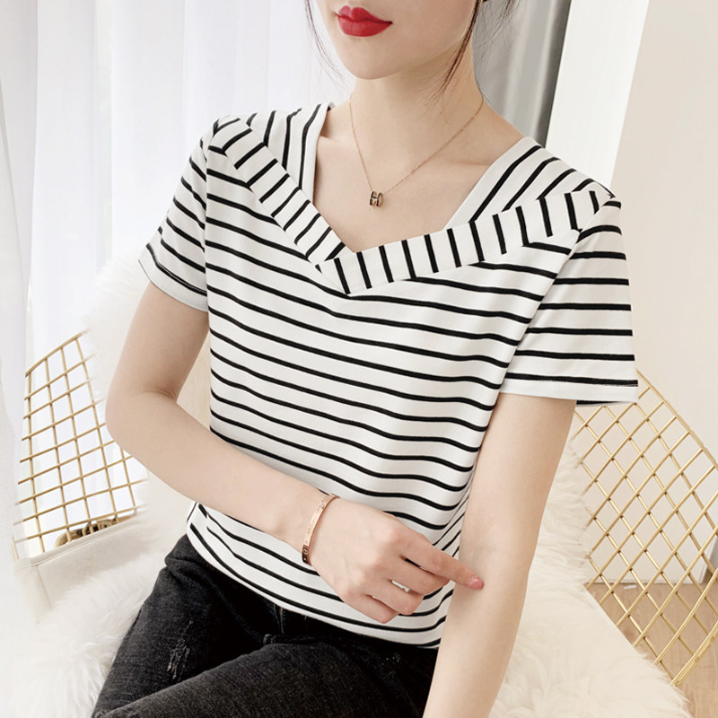 纯棉短袖t恤女2024新款夏季韩版V领条纹上衣修身百搭打底衫半袖女,女装/女士精品,T恤,淘宝优惠券,粉丝福利购,淘宝优惠卷