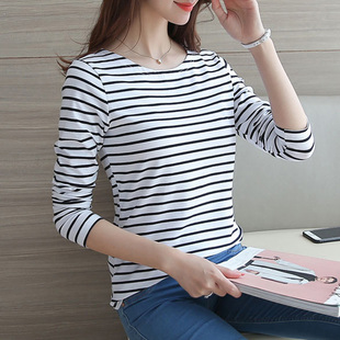 女装 内搭长袖 2022秋冬新款 修身 t恤潮 纯棉上衣韩版 黑白条纹打底衫
