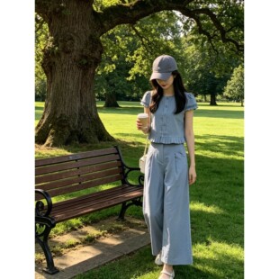 韩系温柔风套装2026年新款花边圆领短款上衣阔腿裤夏季两件套女款