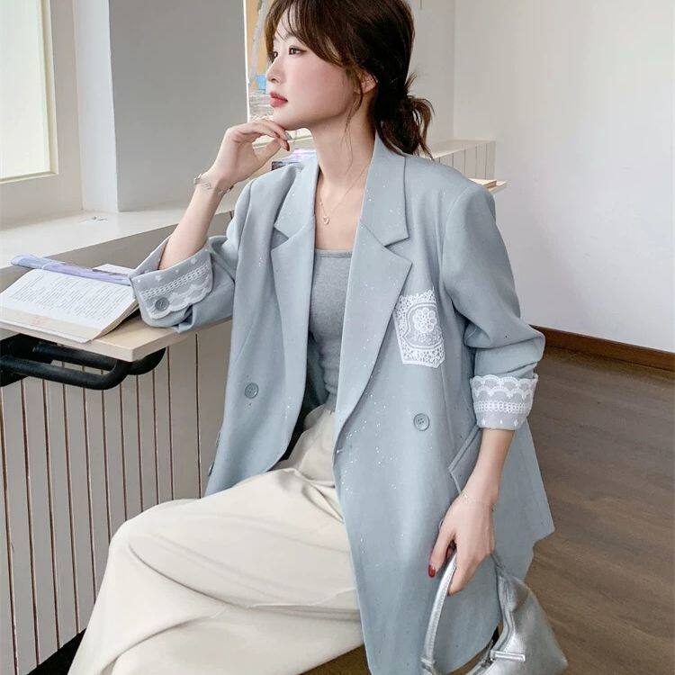 蓝色蕾丝拼接休闲西装外套女减龄百搭气质小西服高级感独特温柔风