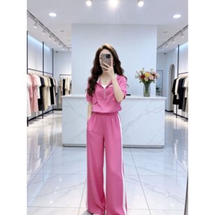 夏装搭配一整套女款休闲运动服套装撞色连帽短袖卫衣阔腿裤两件套