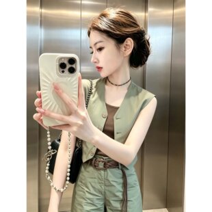 韩系个性百搭套装女2025夏季绿色简约无袖马甲直筒休闲裤子两件套