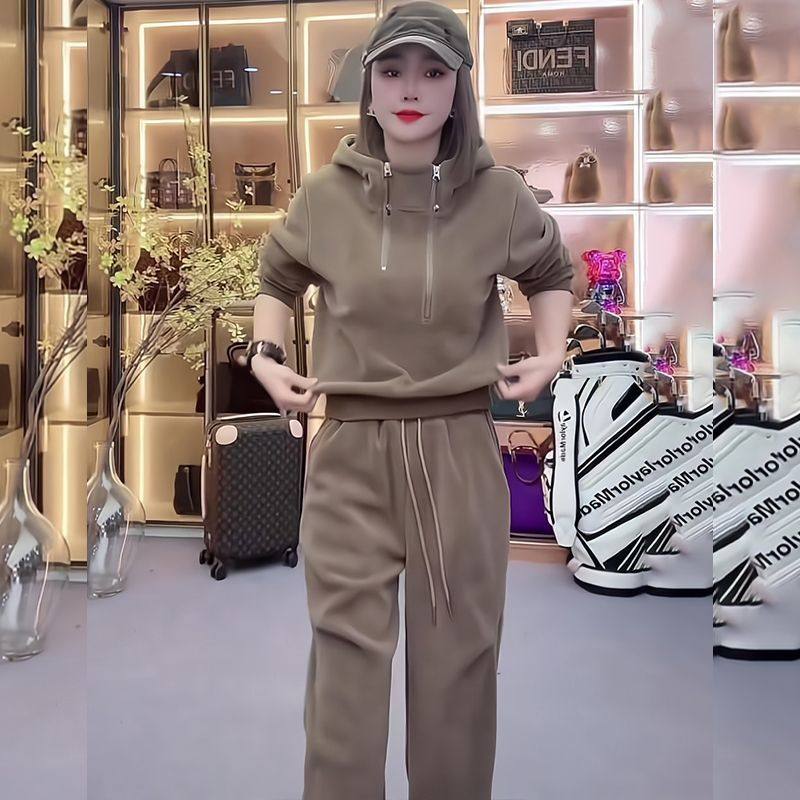 2026秋冬季流行运动休闲套装女套头宽松纯色套头加厚卫衣两件套