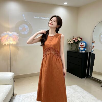 2026新款显白美拉德色系长裙女夏季氛围感镂空收腰遮胯显瘦连衣裙