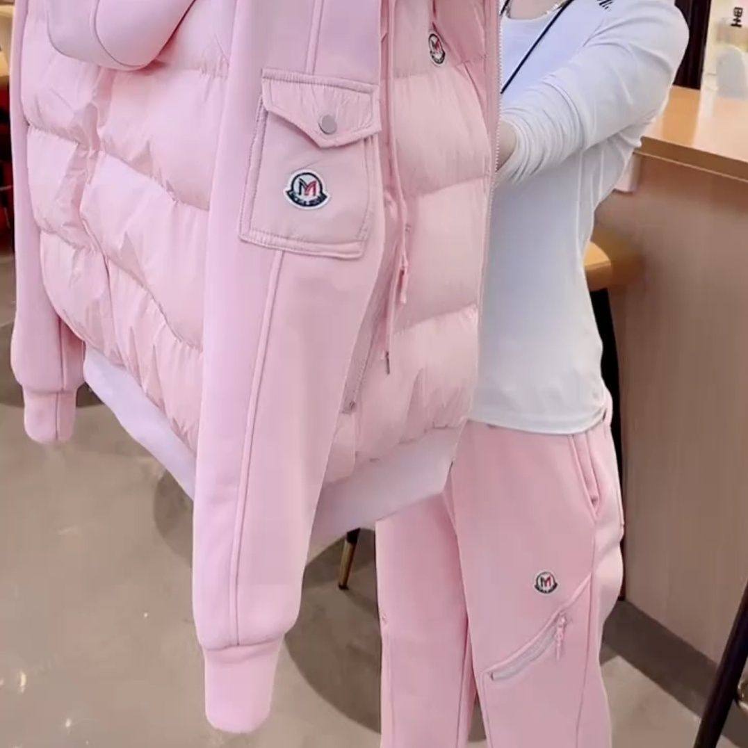 欧标休闲连帽压格棉服加棉外套卫裤套装2026秋冬新款运动两件套女