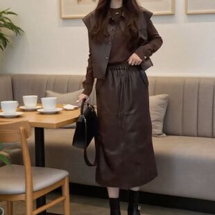 秋冬短款无袖皮衣外套韩系工装pu皮马甲套装裙女a字半身裙两件套
