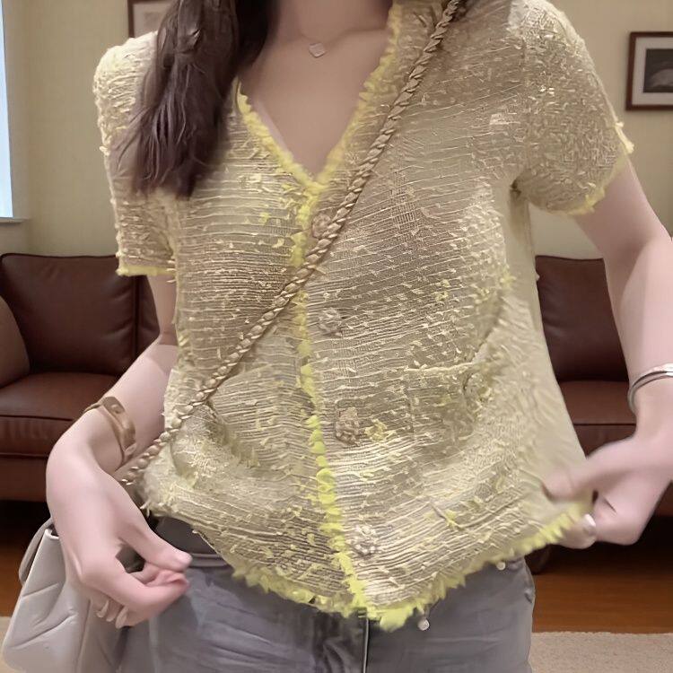 2026夏季新款欧洲站时髦洋气V领流苏短款小香风黄色短袖上衣女装