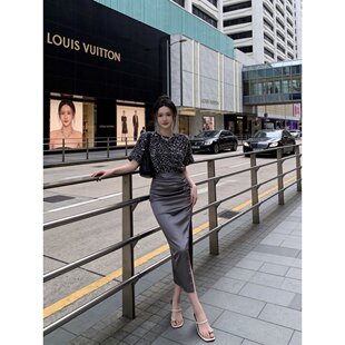 高冷御姐风名媛女装高端时尚高级感亮片上衣+半身裙两件套装裙夏