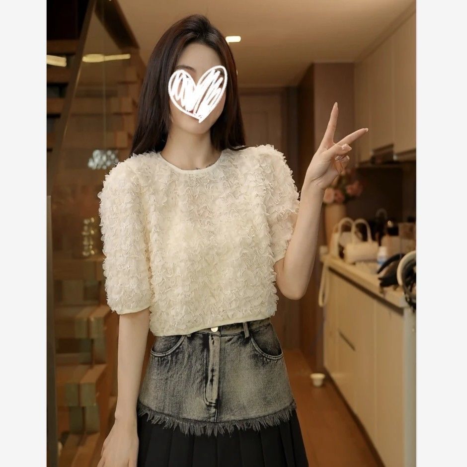 欧货立体花朵流苏蕾丝衬衫女2025夏新款法式高级感小众泡泡袖上衣