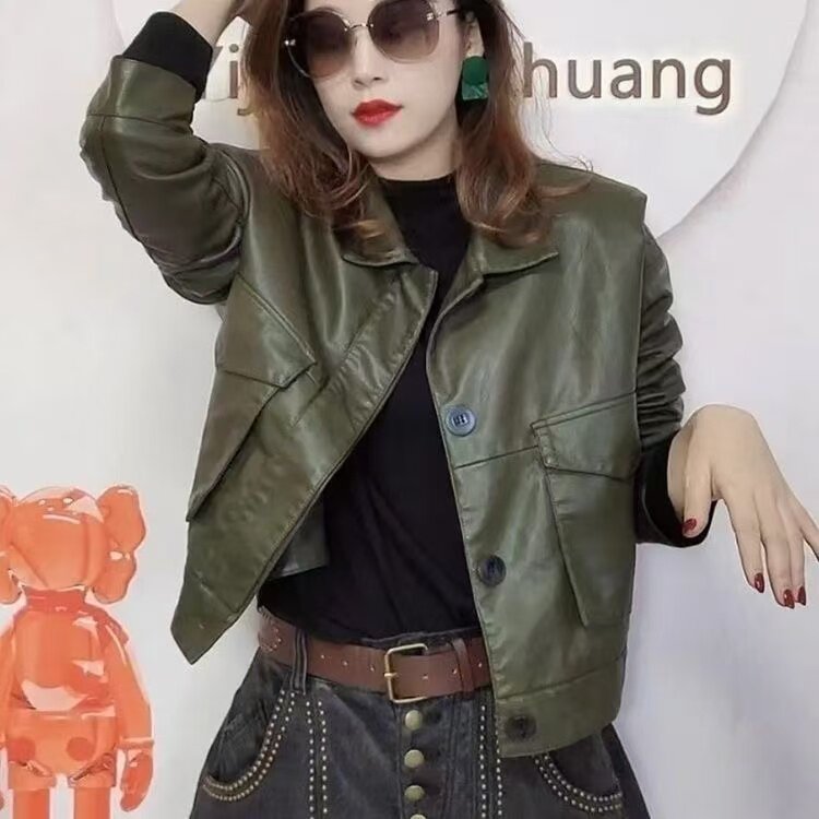 欧洲站2026秋冬新款时尚百搭简约纯色短款PU皮机车夹克外套女潮