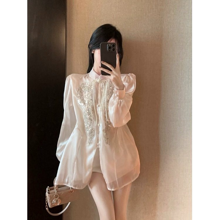 新中式国风大小姐气质香槟色单排扣长袖衬衫亮片宽松显瘦百搭上衣,女装/女士精品,衬衫,淘宝优惠券,粉丝福利购,淘宝优惠卷