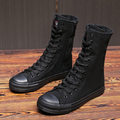 情侣款 平底工作鞋 侧拉链街拍休闲鞋 远步中帮全黑色帆布鞋 纯黑女鞋