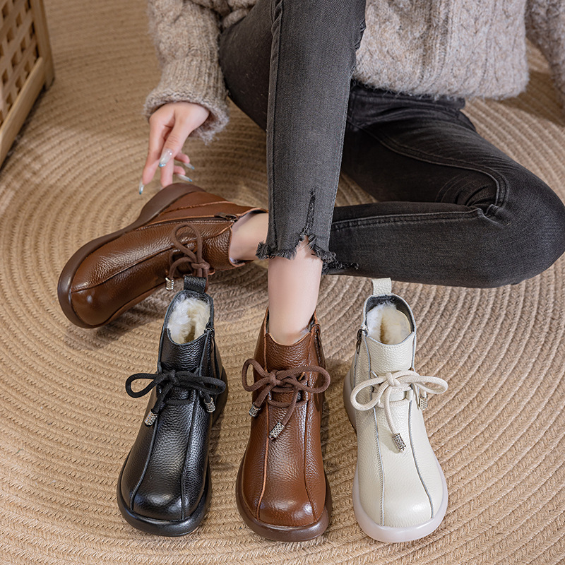 真皮短靴女2025冬季新款加厚保暖棉鞋软底舒适侧拉链羊毛马丁靴潮