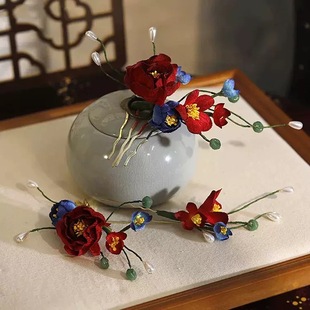 原创设计山茶花发饰秀禾服旗袍晨袍造型发饰红蓝撞色马面裙汉服头