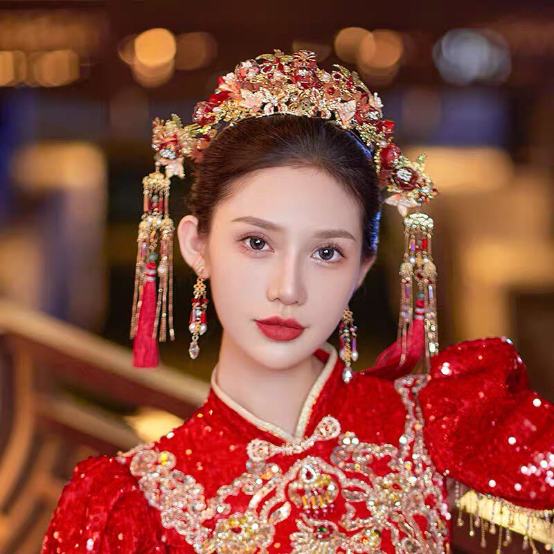 新娘中式秀禾头饰长流苏后盘发饰古典婚礼龙凤褂凤冠跟妆样品饰品