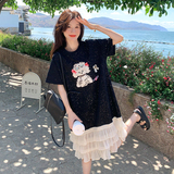 网纱拼接亮片卡通黑色T恤连衣裙女夏2025新款小个子爆款甜美裙子，女装连衣裙，浙宝279