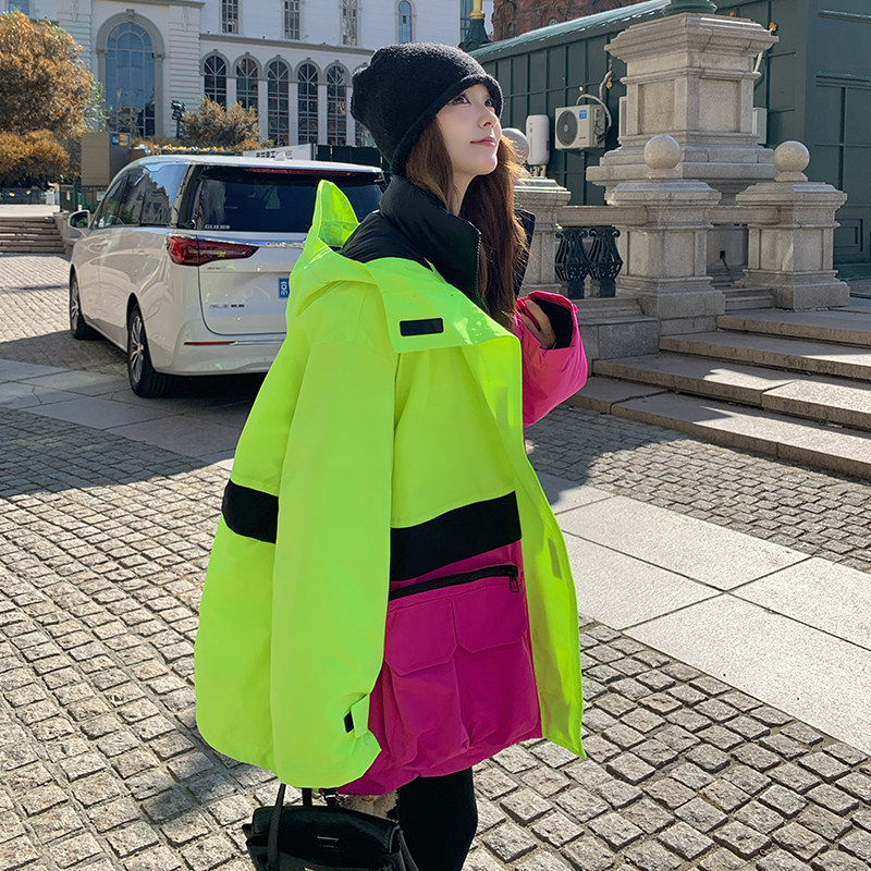 设计感撞色拼接连帽冲锋衣派克服外套女冬季2025新款白鸭绒羽绒服,女装羽绒服,浙宝173（原浙宝279）