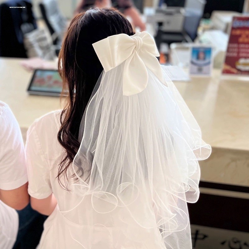 登记领证小头纱法式头饰品简约短款双层新娘结婚拍照白色婚纱发夹图片