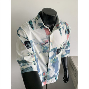 2026夏休闲水墨画冰丝凉感短袖五分袖半袖衬衫韩版男装休闲百搭男