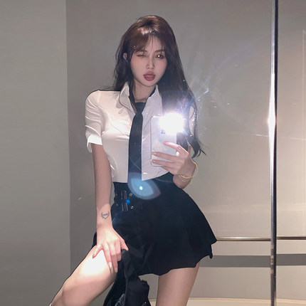 性感学院辣妹修身收腰上衣百褶裙制服套装两件套短袖白衬衫衬衣女