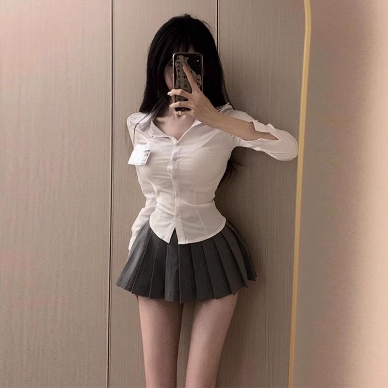 收腰修身jk制服套装长袖白衬衫女