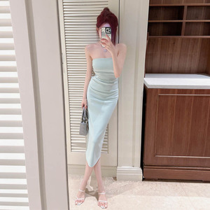 法式裹胸连身裙抹胸裙子绝美礼服包臀修身开叉性感气质连衣裙女夏