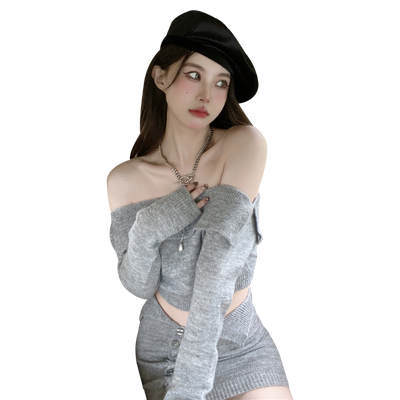 时尚套装针织一字肩毛衣包臀半裙