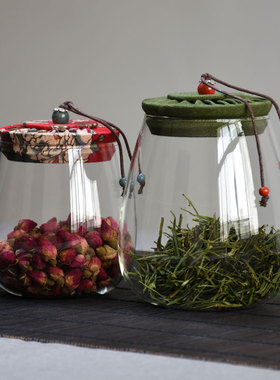 花布盖茶叶罐玻璃储物罐密封罐家用透明花茶罐干果零食罐大小号