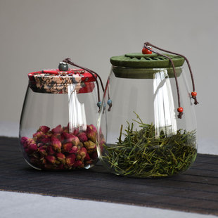 花布盖茶叶罐玻璃储物罐密封罐家用透明花茶罐干果零食罐大小号