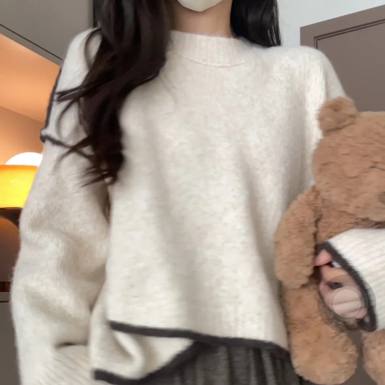 设计感不规则撞色毛衣女新款秋冬宽松慵懒风软糯感套头针织衫