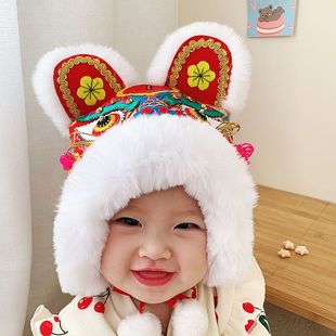 手工婴儿真兔毛虎头帽儿童婴幼儿男女周岁百天冬季宝宝老虎帽子