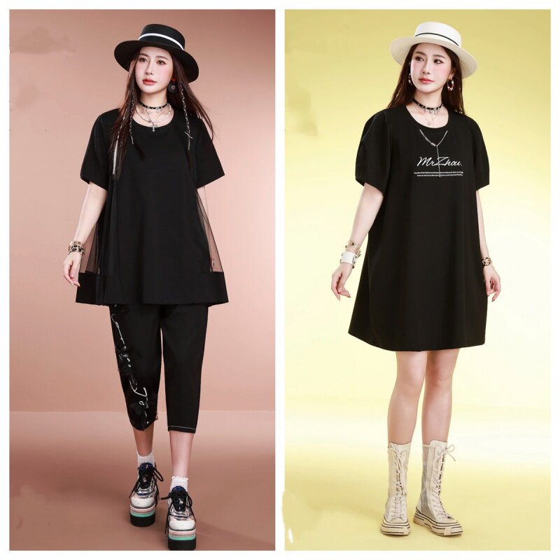 石头鱼大码女夏季宽松短袖T恤裙