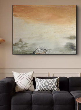 纯手绘油画【墨雨】橙色抽象立体画横幅画客厅餐厅卧室床头装饰画